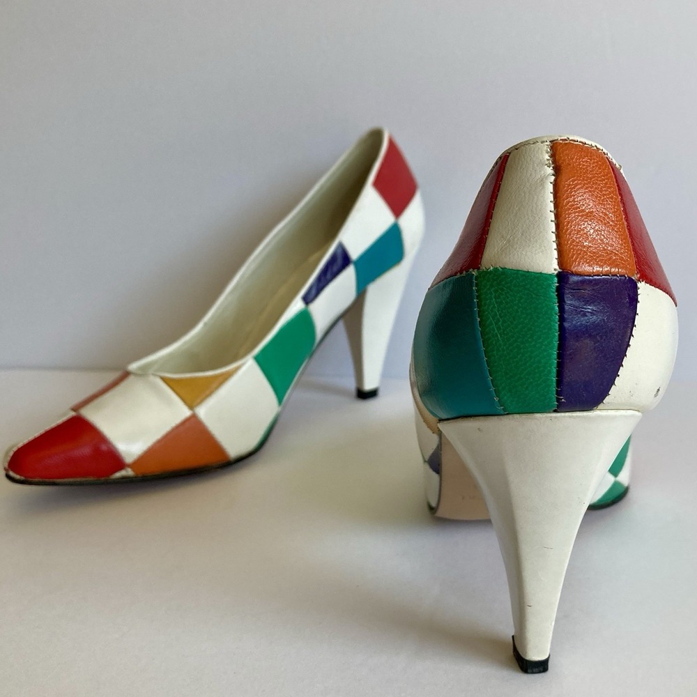 Vtg Jack Sprat Rainbow Harlequin Mod Patchwork Pumps Leather Size 6B Colorblock - Picture 2 of 16